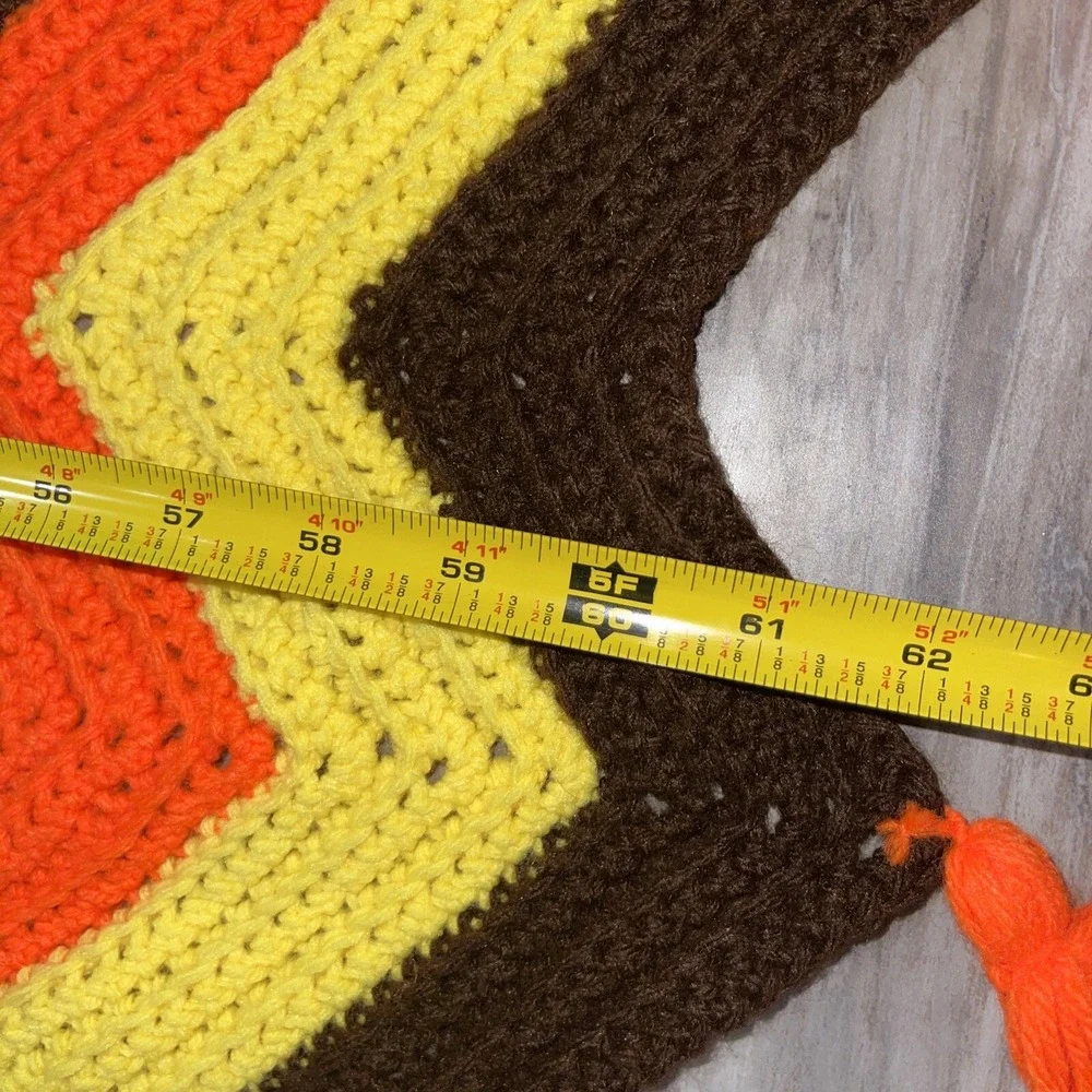 VIntage Crochet Knit Afghan Throw Blanket Chevron Zigzag MCM Fall Colors Tassels